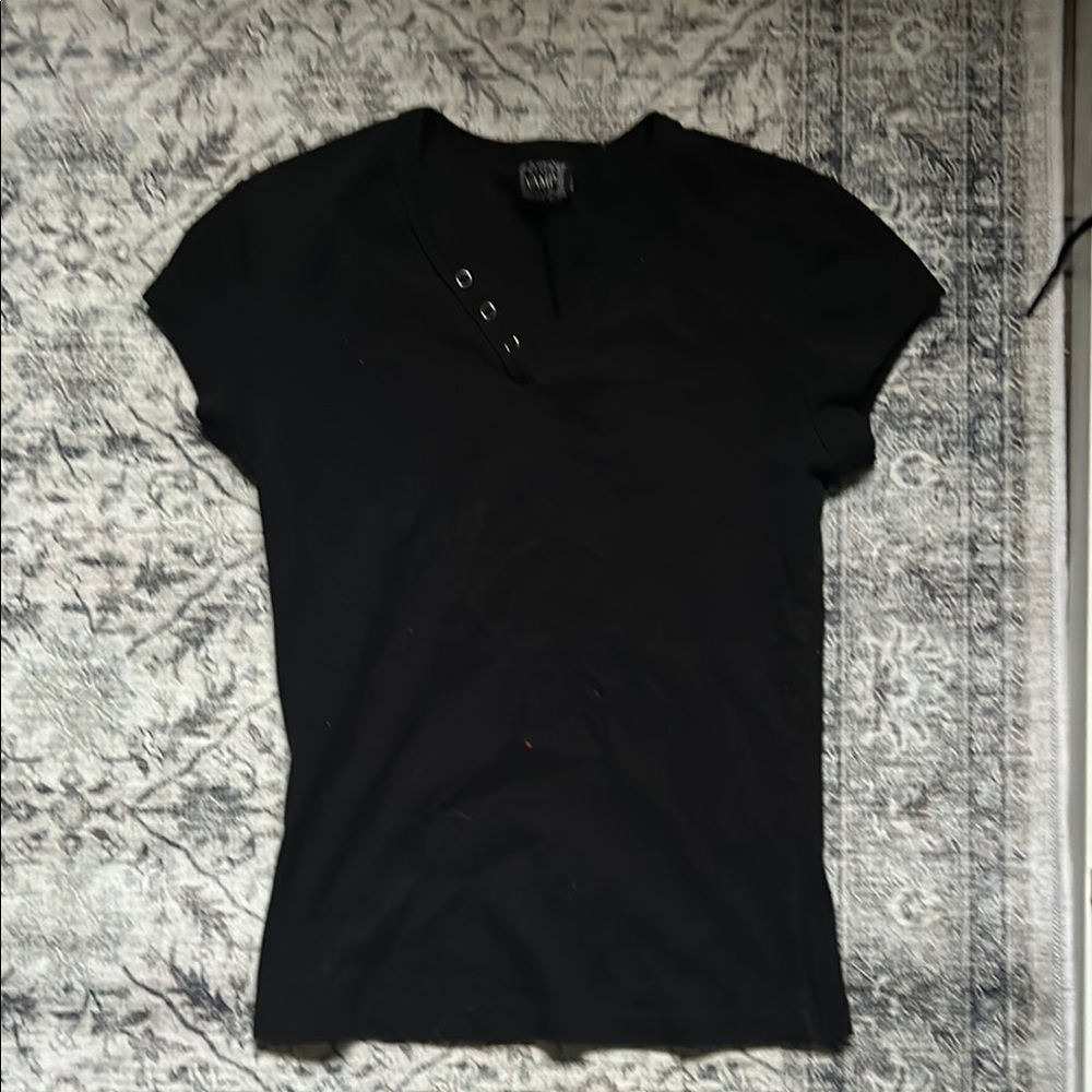 Black Fitted Cap Sleeve Mandarin Collar Tee